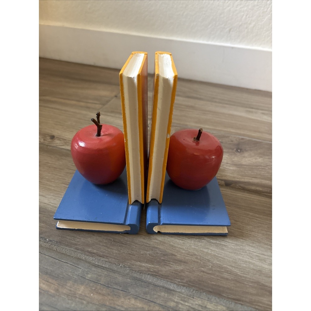 Vintage Wooden Book Apple Bookends Yellow Red Blue Hand Painted Decor